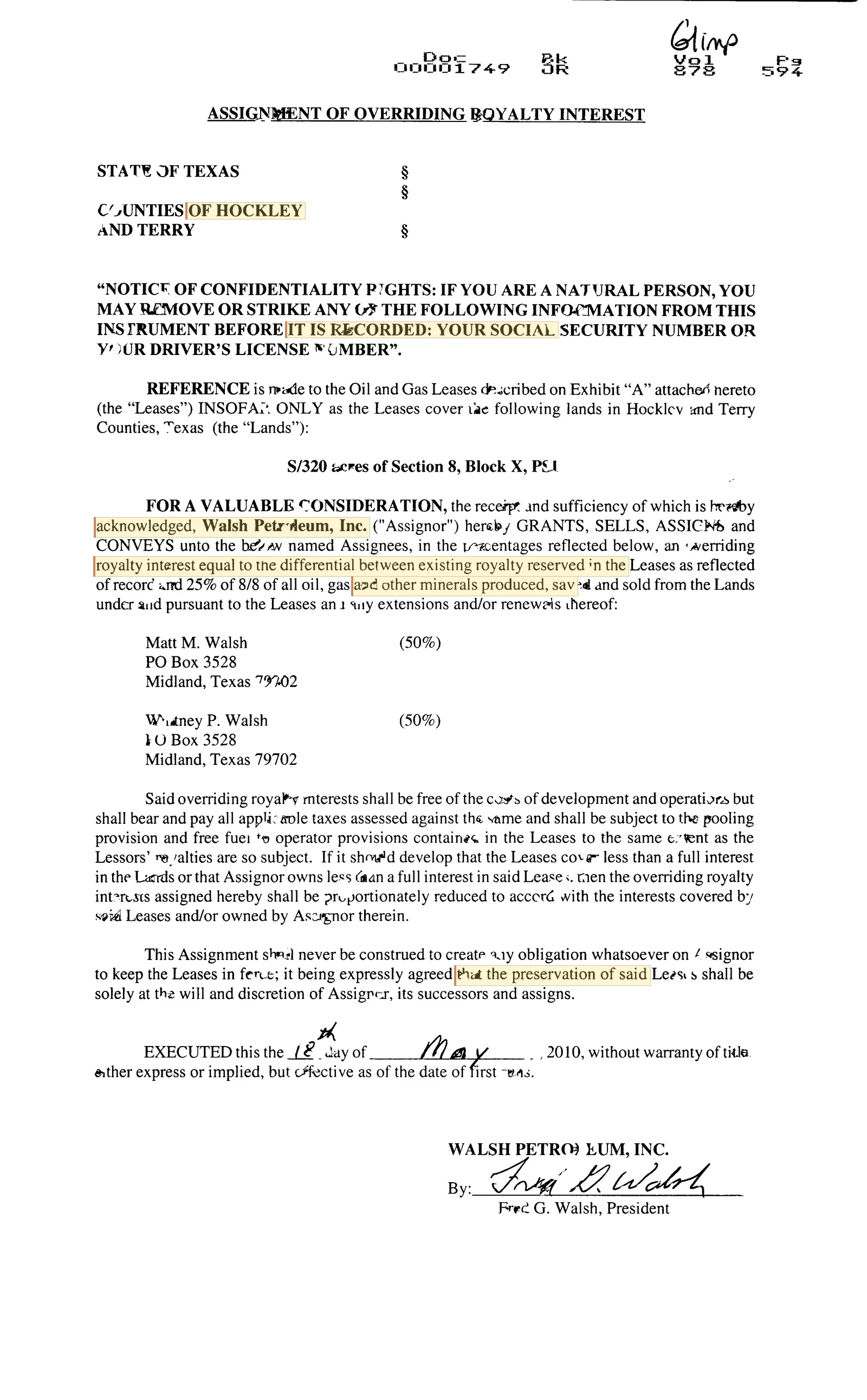 Walsh Petroleum Inc. - Recorded Assignment Of Overriding Royalty Interest (Doc #101680916)